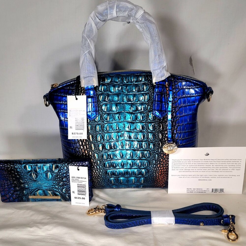NWT BRAHMIN 2 pc. MEDIUM DUXBURY BLUE FORTUNE OMBRE SHOULDER BAG/PURSE-WALLET